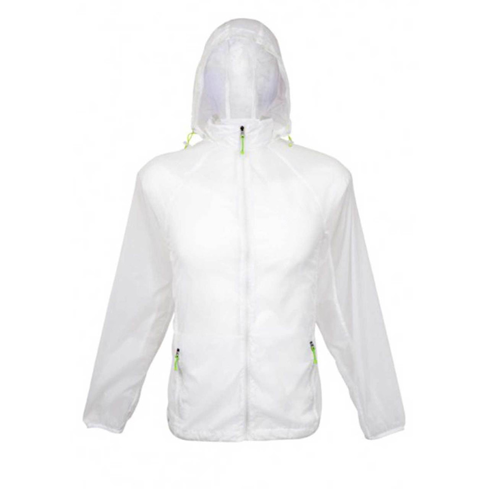 White lightweight rain jacket with hood and lime green zipper details