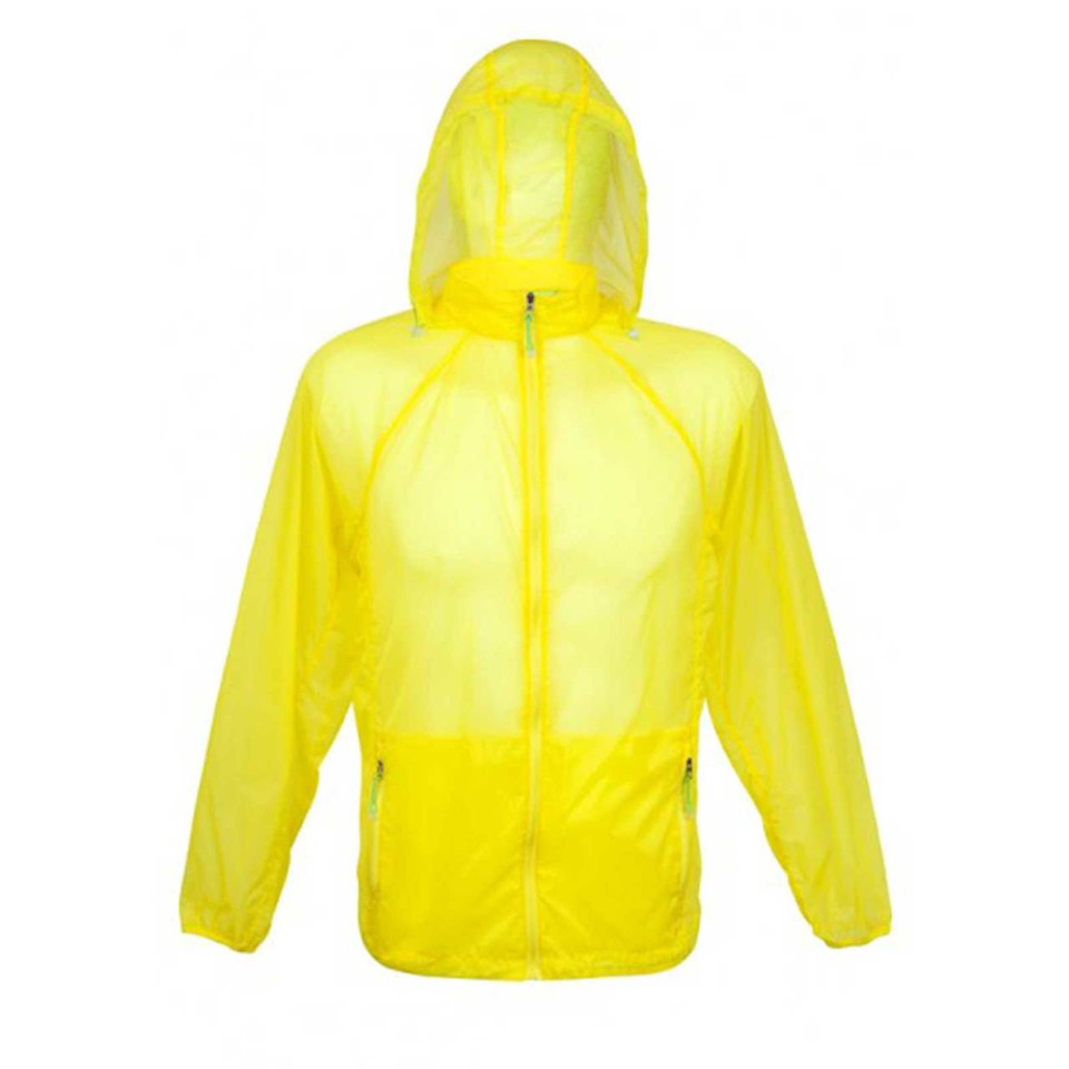 Bright yellow lightweight rain jacket with hood and full-length front zipper on white background
