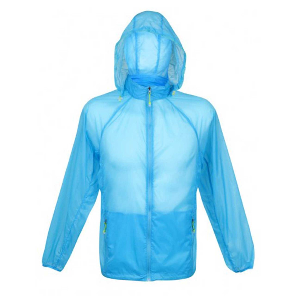 Sky blue translucent rain jacket with attached hood, full-length zipper and elasticated cuffs