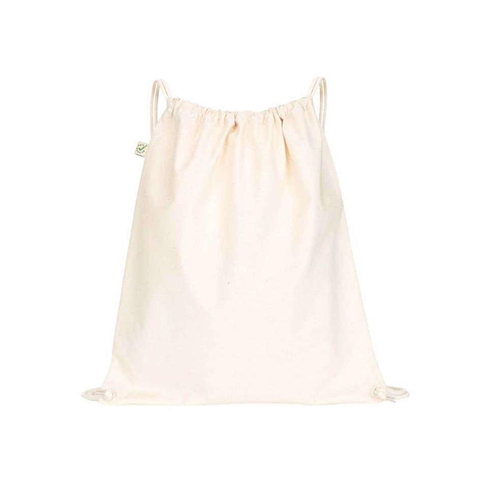 Natural organic cotton drawstring tote bag with reinforced corner eyelets and matching ties
