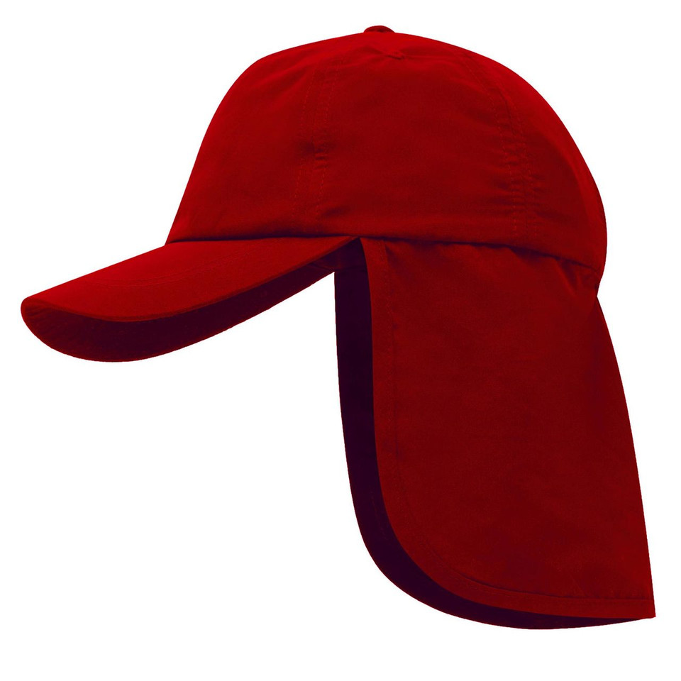 Red Kids Microfibre Legionnaire Cap featuring a protective back neck flap, adjustable toggle, and lightweight breathable fabric for school playground sun safety.