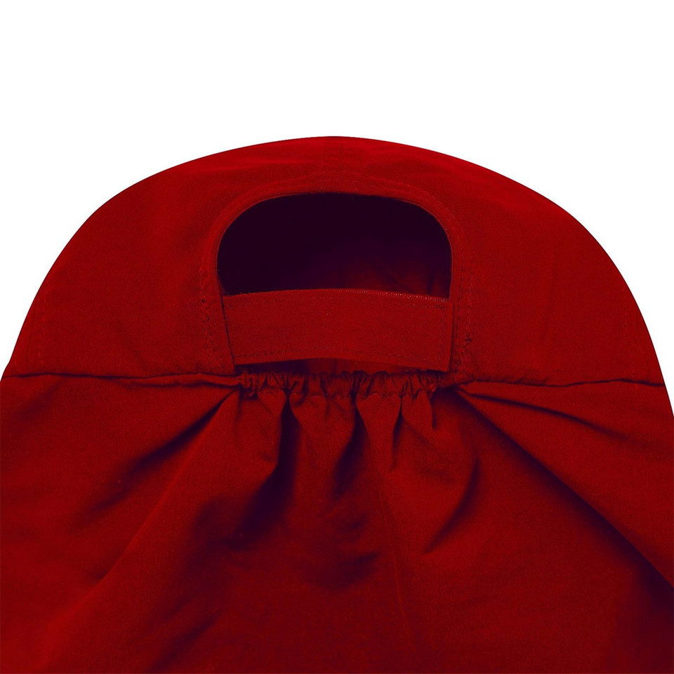 Deep red microfibre legionnaire cap with navy contrast trim and elastic back adjustment