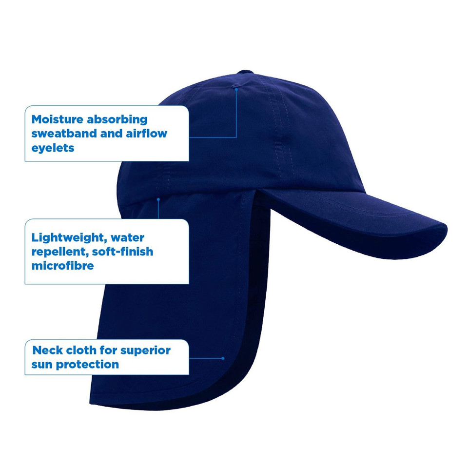 Kids Microfibre Legionnaire Cap featuring a protective back neck flap, adjustable toggle, and lightweight breathable fabric for school playground sun safety.
