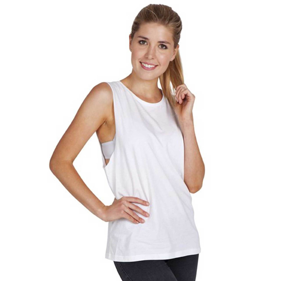 White sleeveless muscle tee with low-cut side panels and relaxed fit