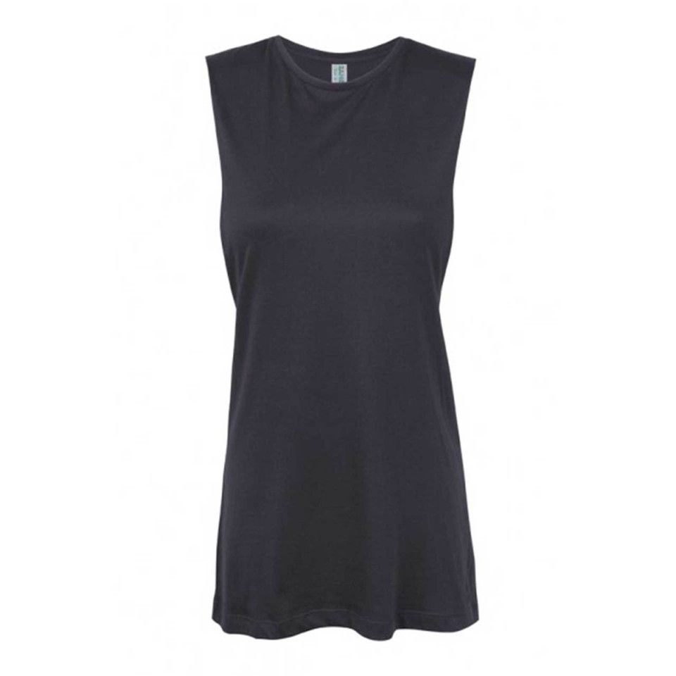 Charcoal grey sleeveless muscle tank with low-cut armholes and relaxed fit