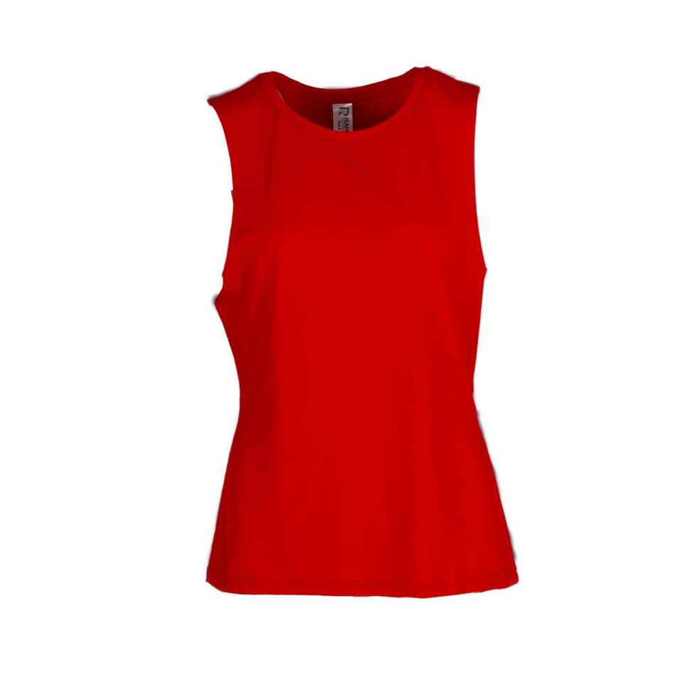 Red muscle tank with low-cut armholes and curved hem ideal for decoration