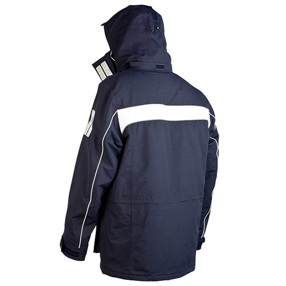 Navy unisex sailing jacket rear view showing white contrast panel, reflective piping, and attached hood