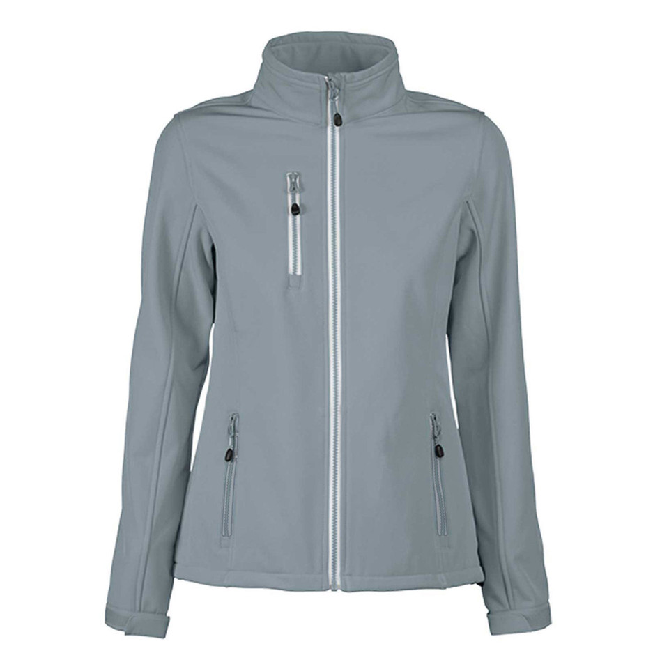 Frost grey ladies softshell jacket with white contrast zip and stand collar