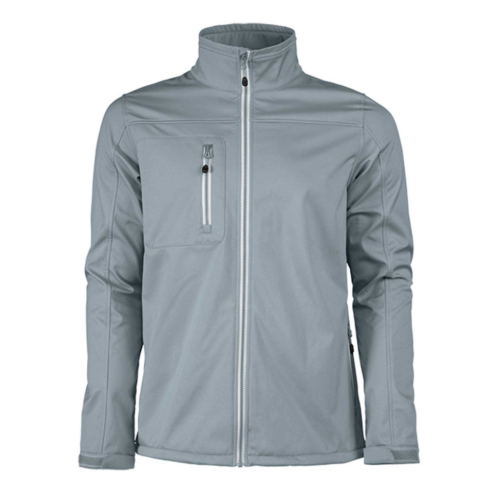 Grey softshell jacket with white contrast zippers and chest pocket detail