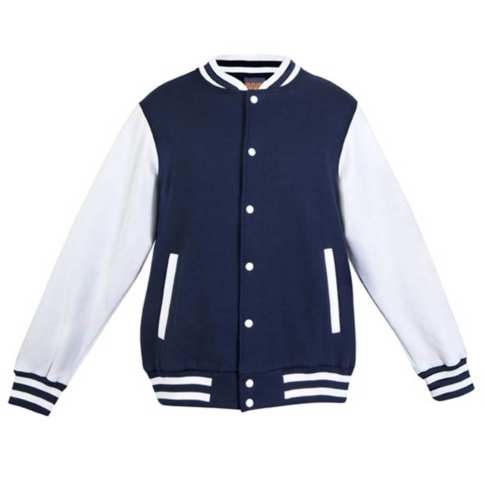 Navy varsity jacket with white sleeves, striped collar and cuffs, white snap buttons and welt pockets
