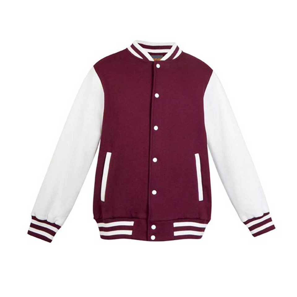 Maroon varsity jacket with white contrast sleeves, striped collar and cuffs, front snap buttons and welt pockets
