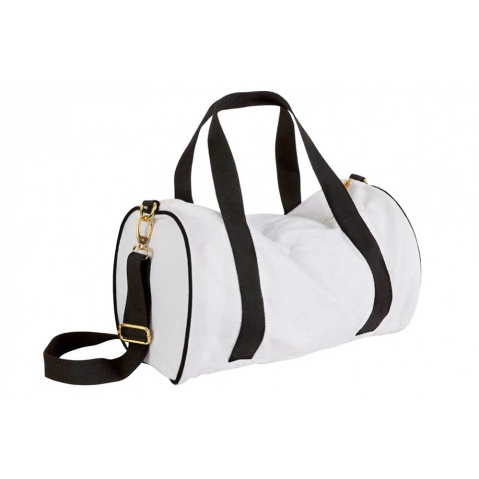 White canvas barrel sports bag with black contrast handles and adjustable shoulder strap with gold hardware
