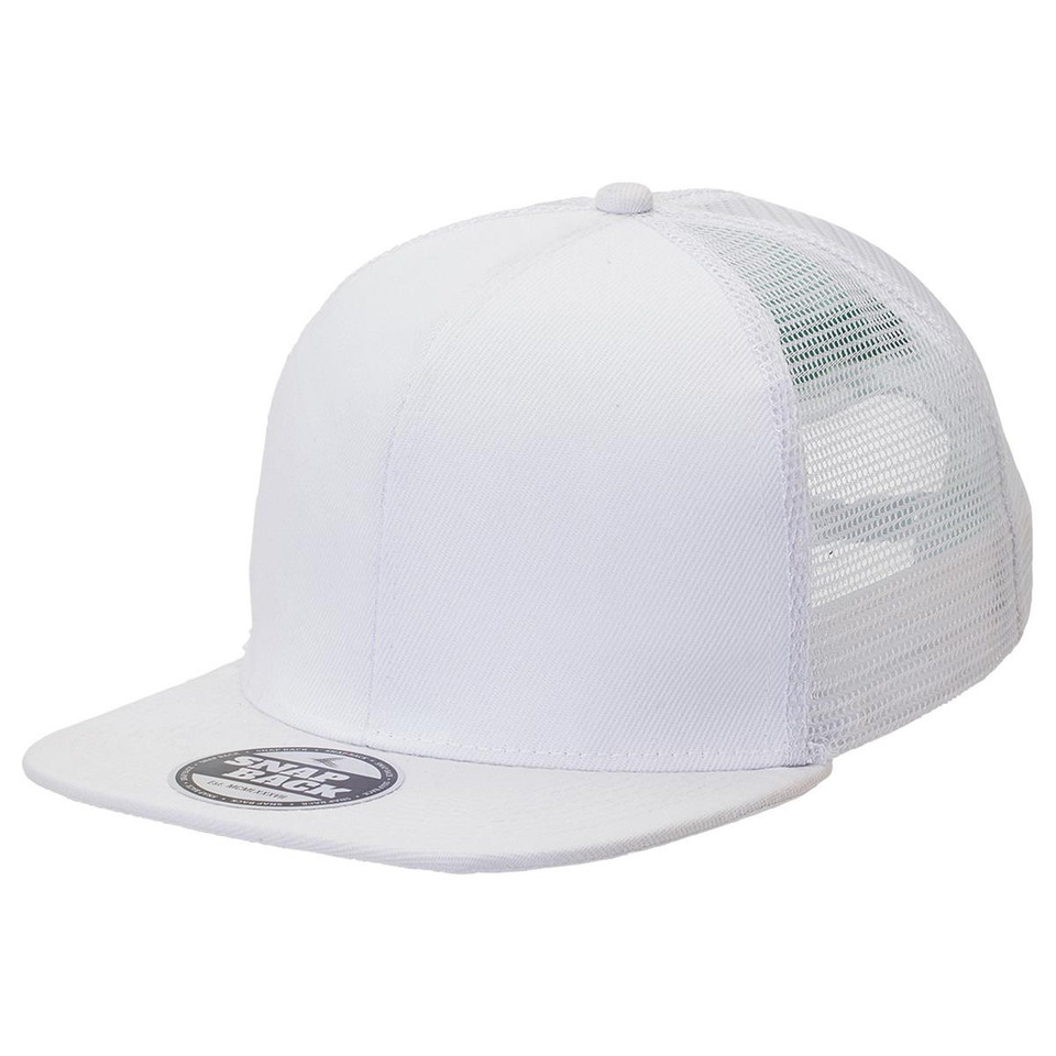 White snapback trucker cap with mesh back panels and flat embroidery-ready front