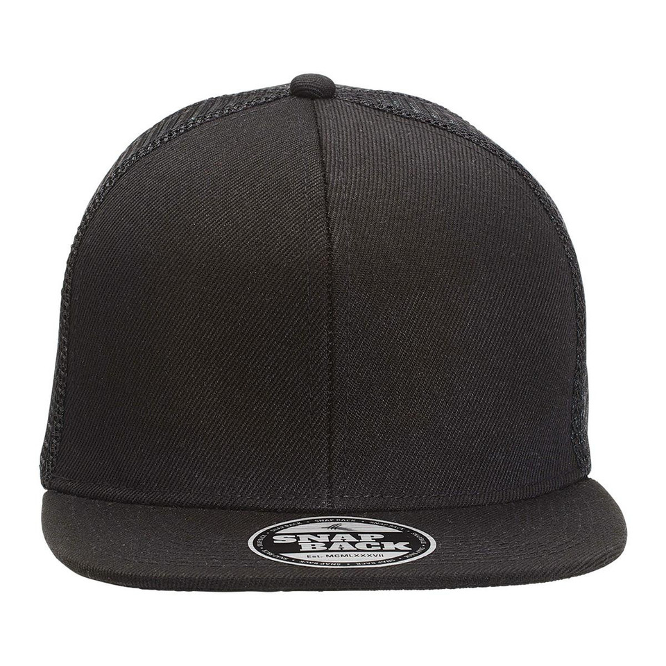 Black snapback trucker cap with mesh back panels and structured front crown