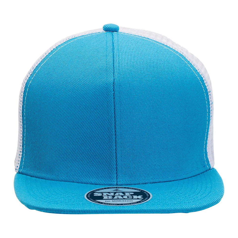 Aqua blue front panel snapback cap with white mesh back and flat peak