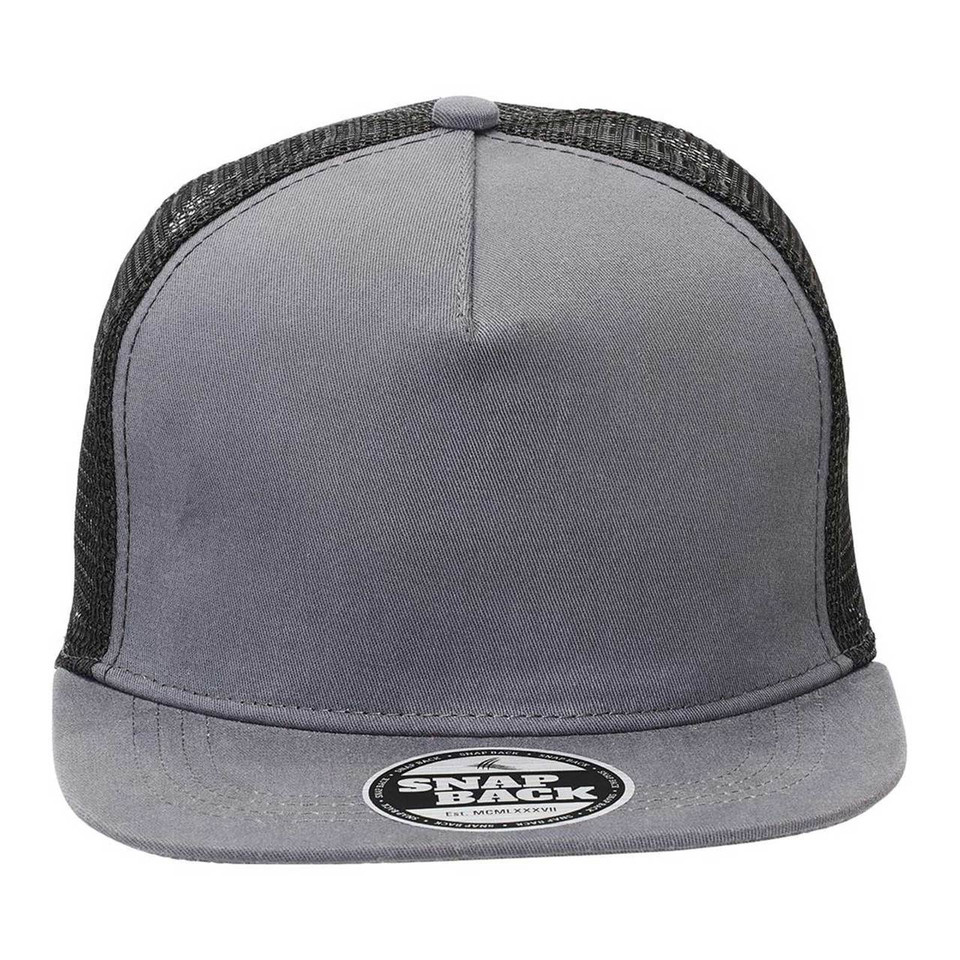 Charcoal grey flat-peak snapback trucker cap with black mesh back panels and smooth front crown