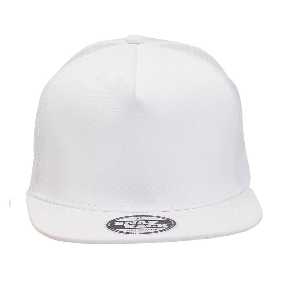 White flat-brim snapback trucker cap with mesh back panels and smooth front crown, packshot