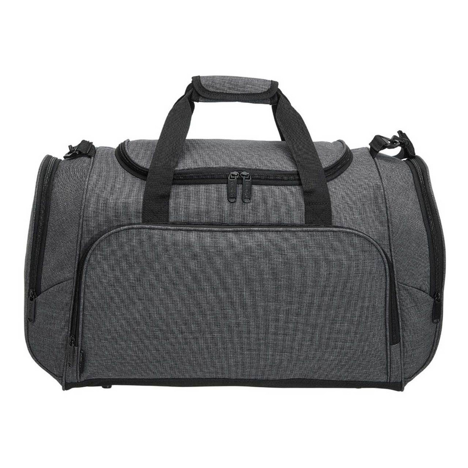 Charcoal marle travel duffel bag with black zip trim, front zip pocket, dual top handles and side panel