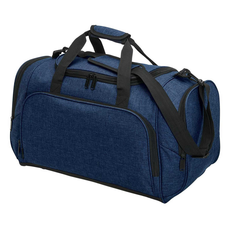 Heathered navy blue sports duffel bag with black zip trim, contrast handles and detachable shoulder strap
