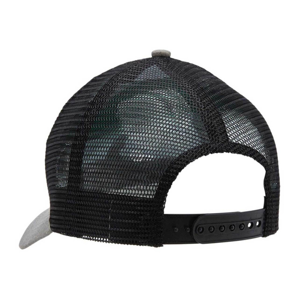 Grey and black mesh trucker cap with snapback closure, rear view showing flat front panel
