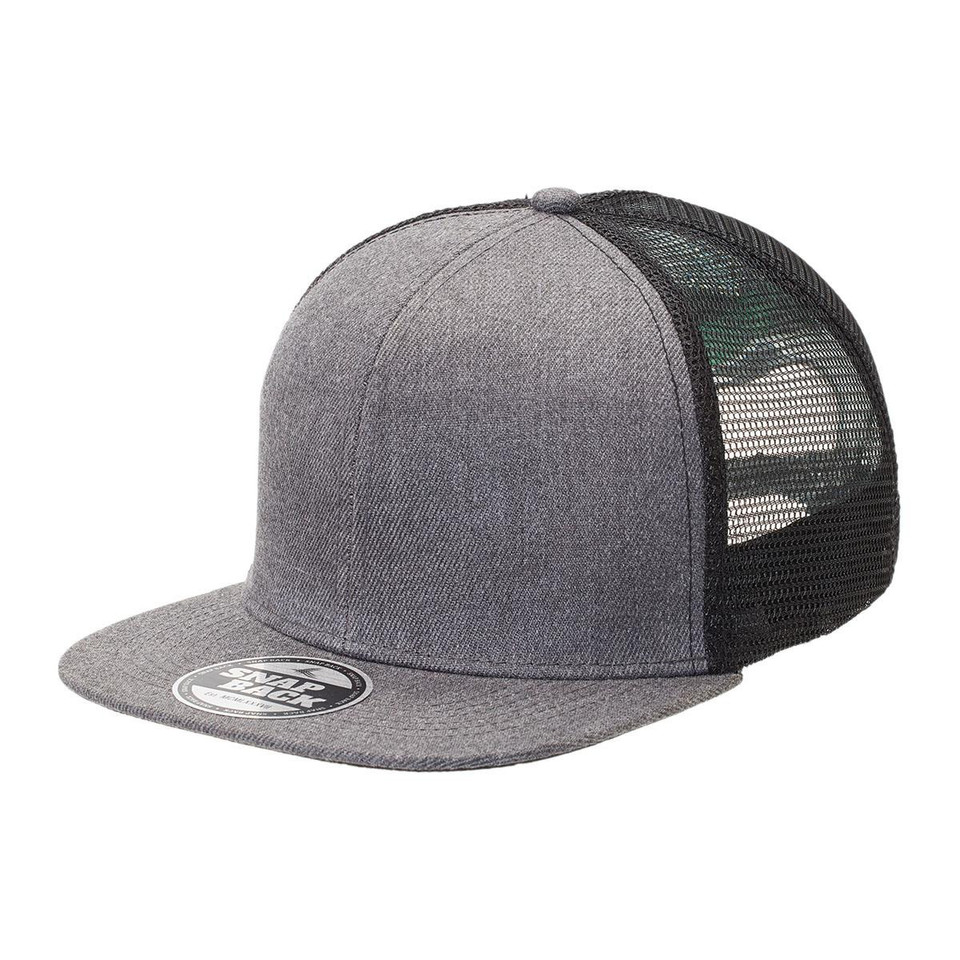 Plain Heather Flat Peak Trucker Cap | Charcoal+Black Plain Heather Flat Peak Trucker Cap | Charcoal+Black