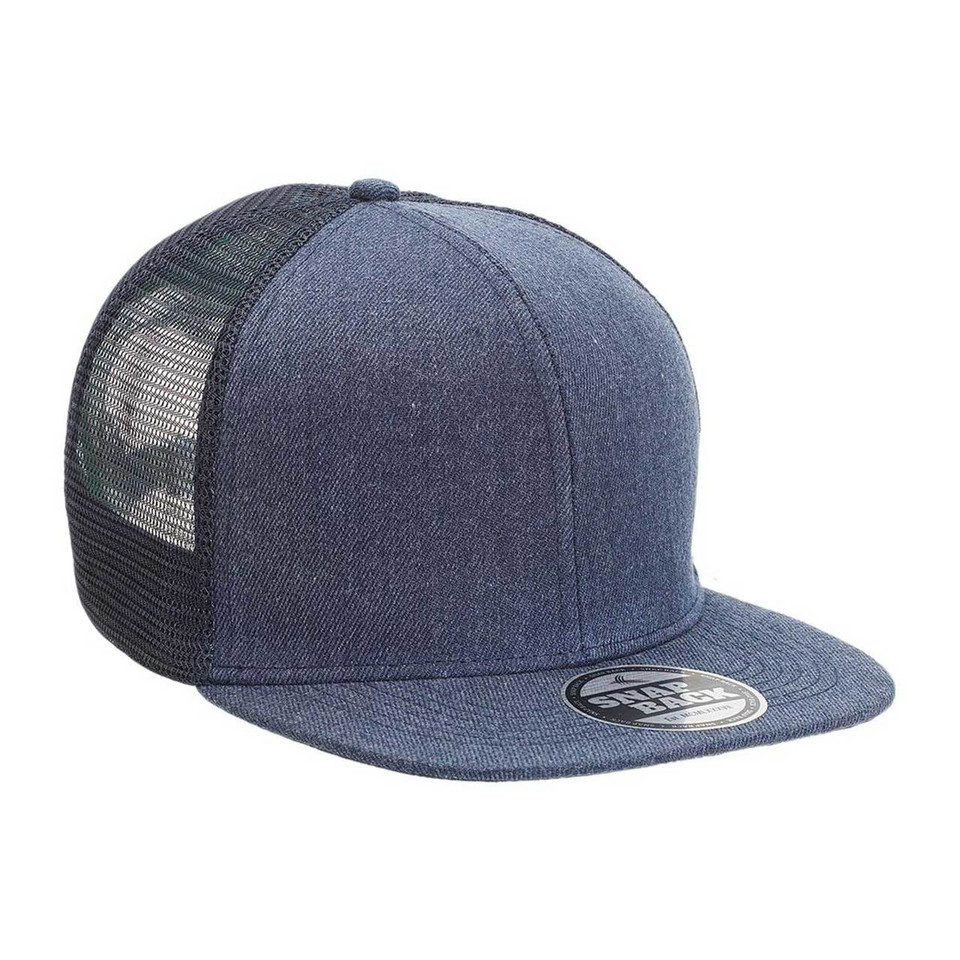 Heather navy flat peak trucker cap with mesh back panels and structured front crown