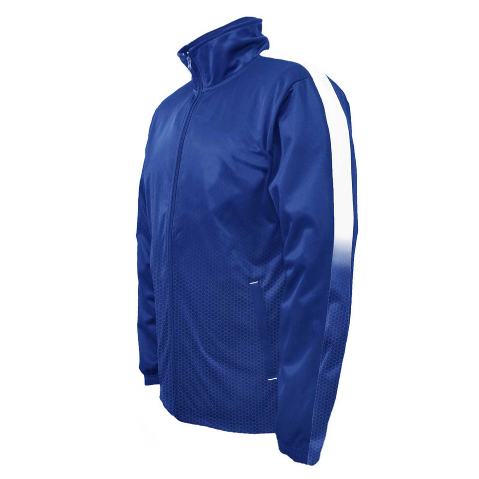 Royal blue sports track jacket with white side panel and textured front detail