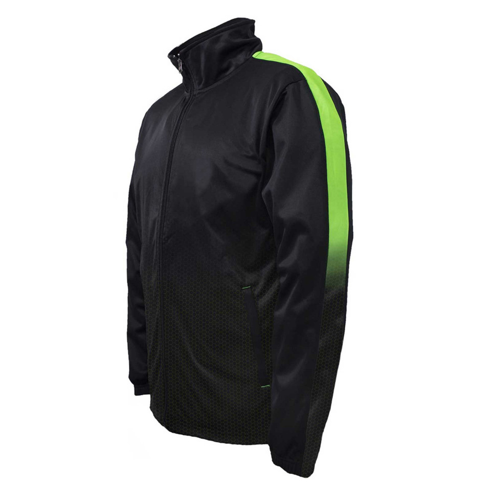 Black sports track jacket with neon green shoulder panel and textured lower body detail