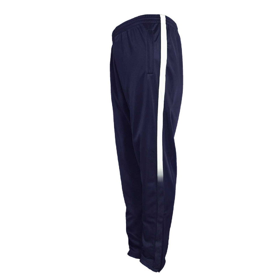 Navy track pants with white side stripe panel and elasticated cuffs