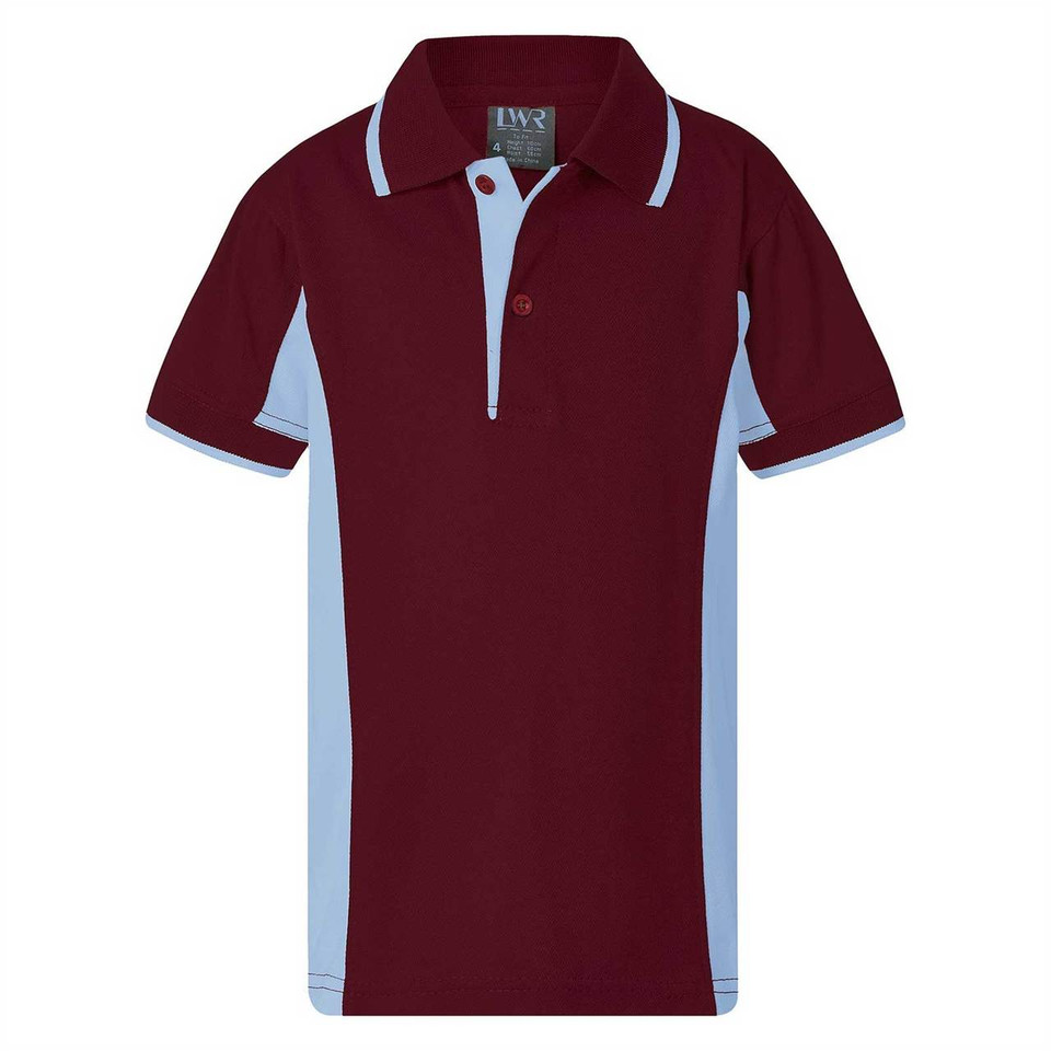 Maroon and sky blue kids sports polo with contrast side panels and collar trim