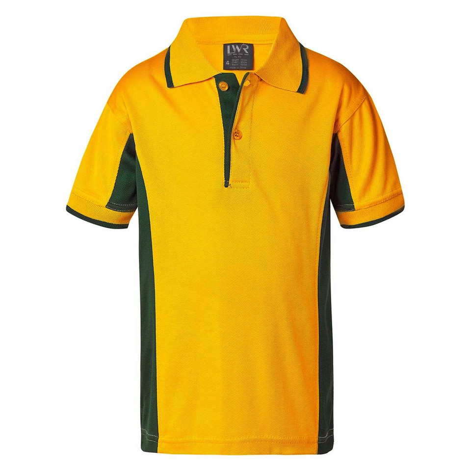 Kids gold and bottle green contrast side panel polo shirt with button placket, short sleeves, packshot