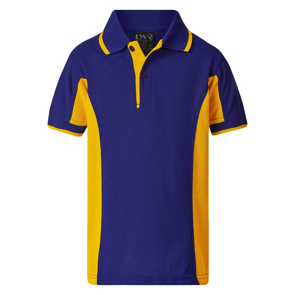 Kids royal blue and gold side panel sports polo shirt with contrast tipped collar and three-button placket