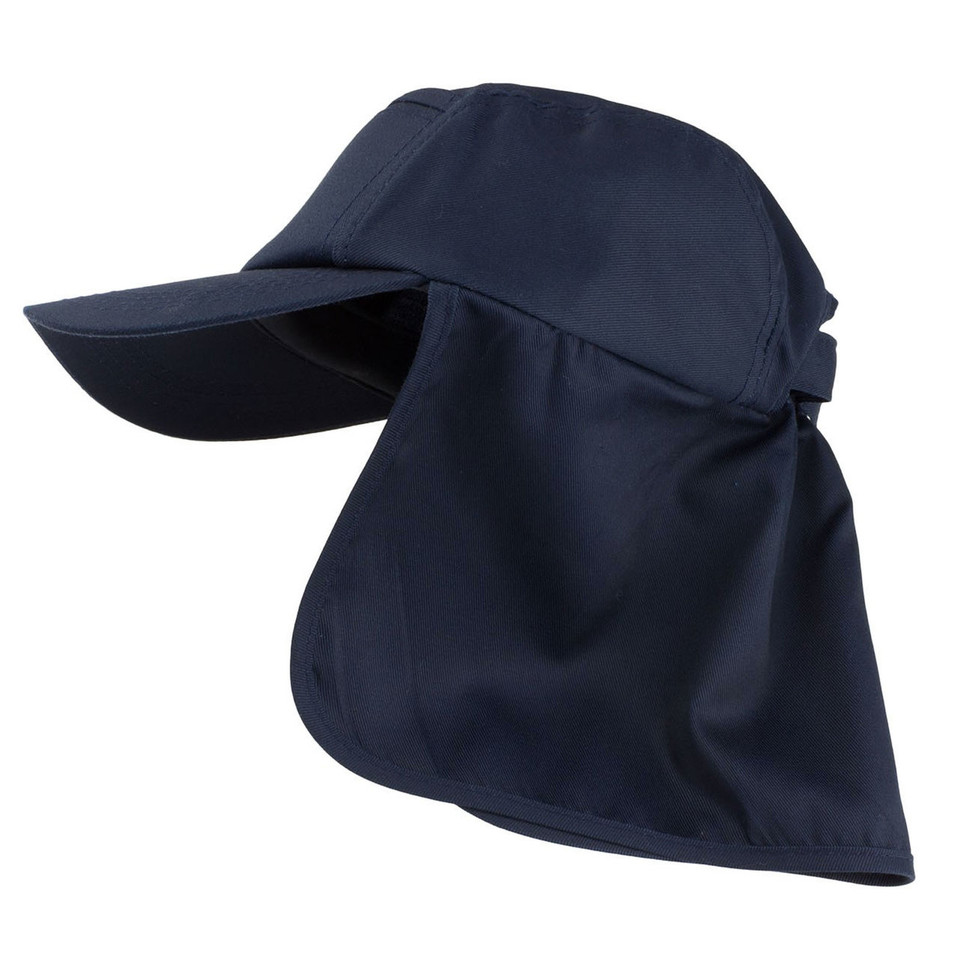 Navy blue kids legionnaire cap with curved brim and extended neck flap for sun protection