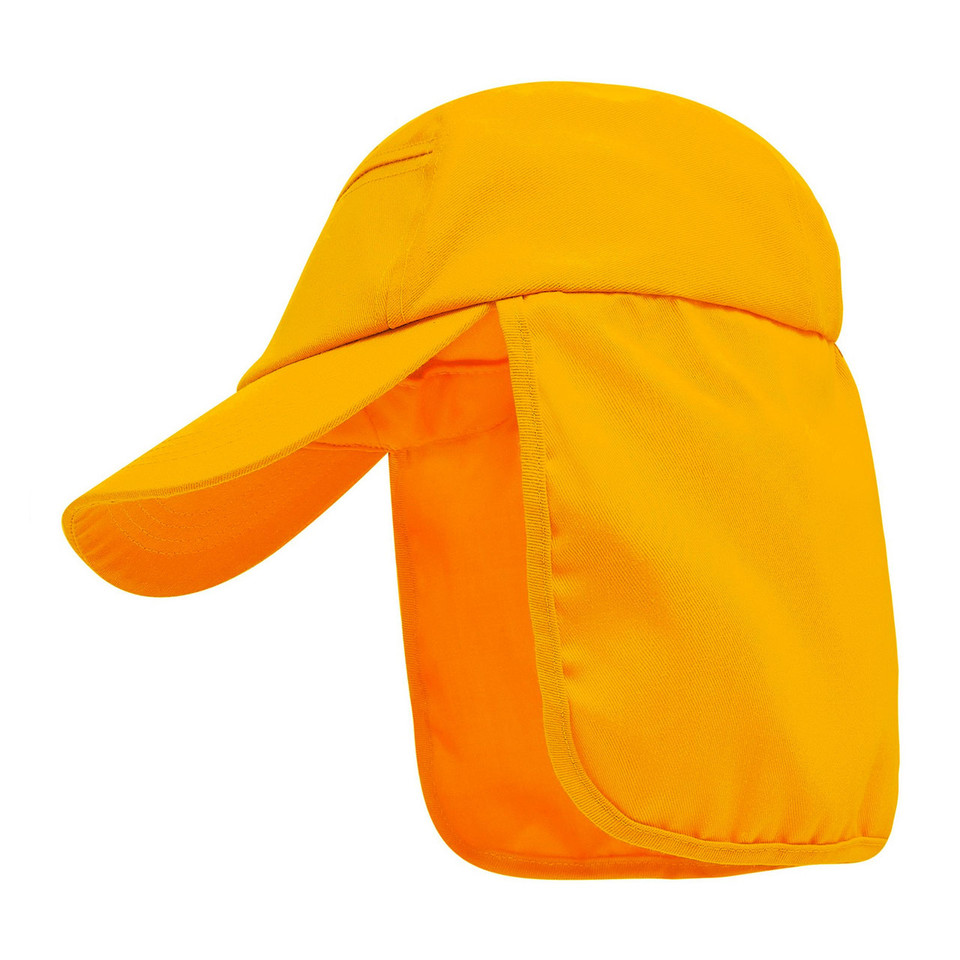 Gold twill legionnaire cap with orange neck flap and curved peak showing back sun protection panel