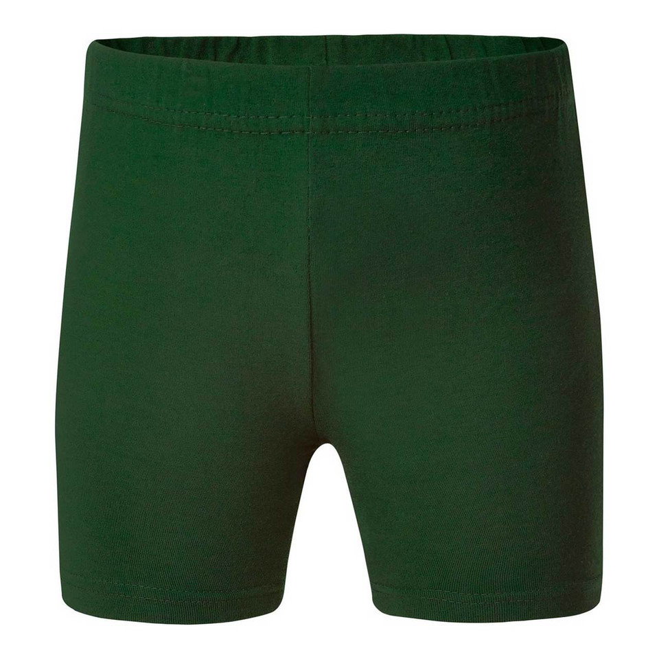 Forest green bike shorts with elastic waistband and fitted silhouette
