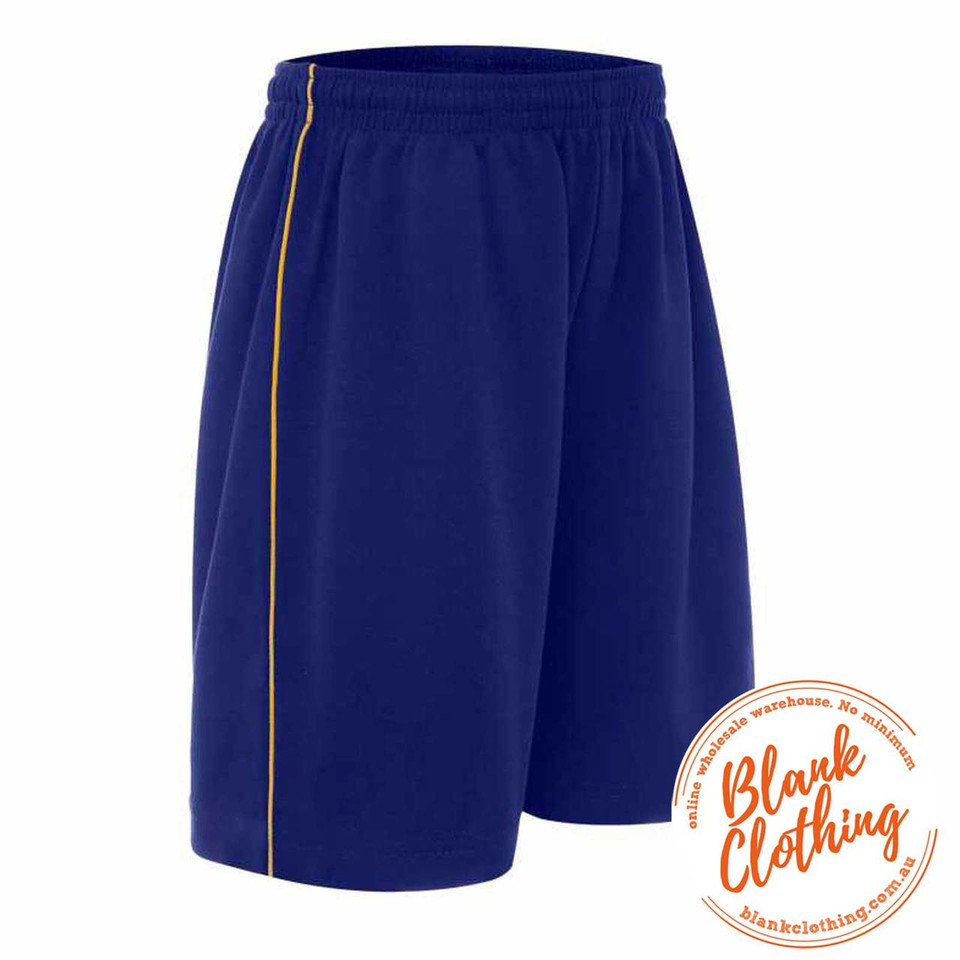 Navy sports shorts with gold piping detail along side seam and elasticated waistband