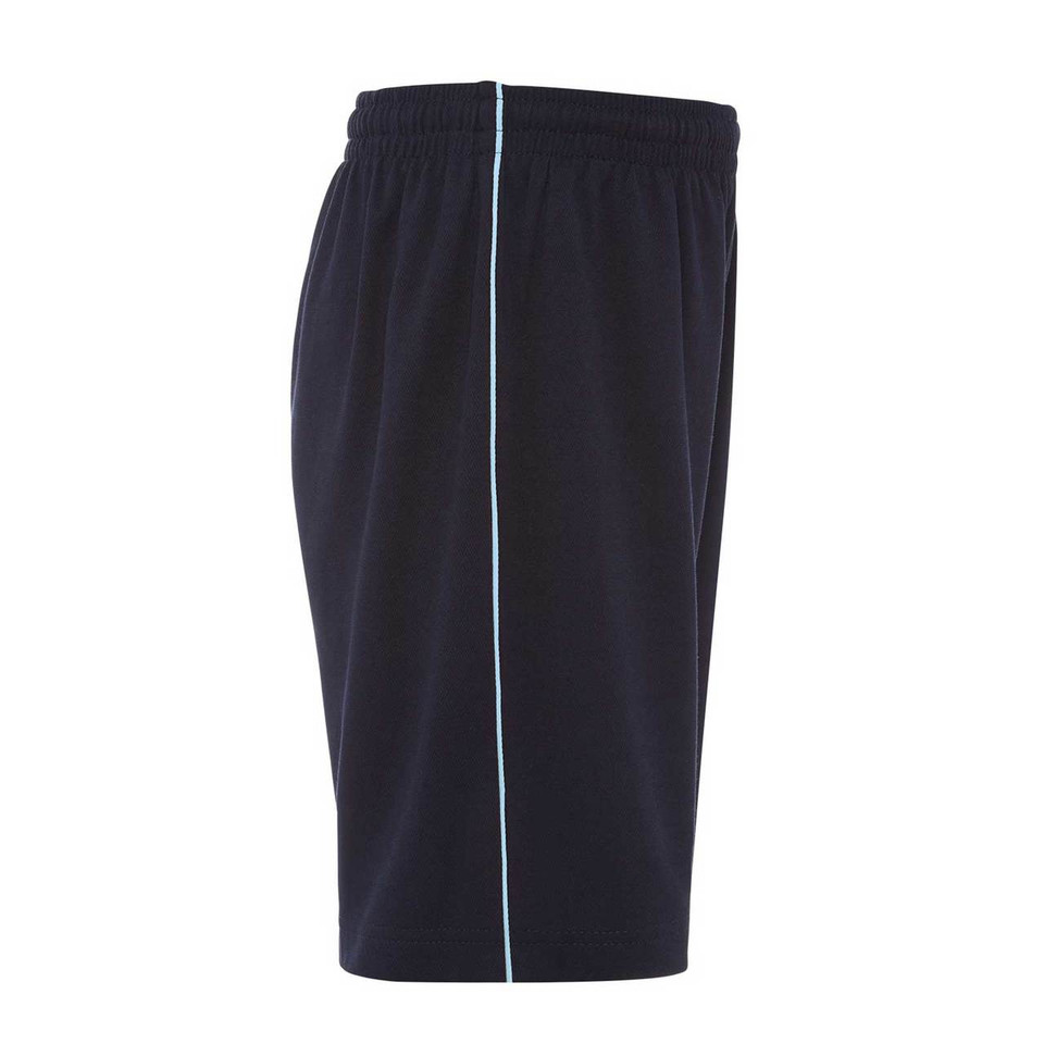Navy sports shorts with sky blue piping detail and elasticated waistband, side view