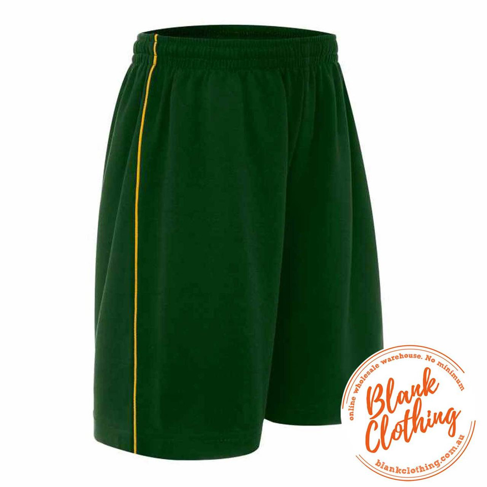Bottle green kids sports shorts with gold piping down the side seam and elasticated waistband