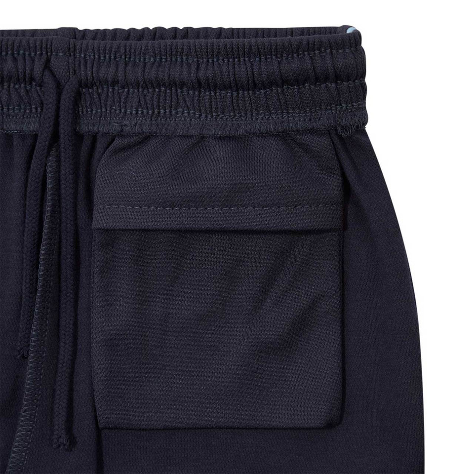 Navy sports shorts with elasticated waistband, side pockets and external zippered pocket detail