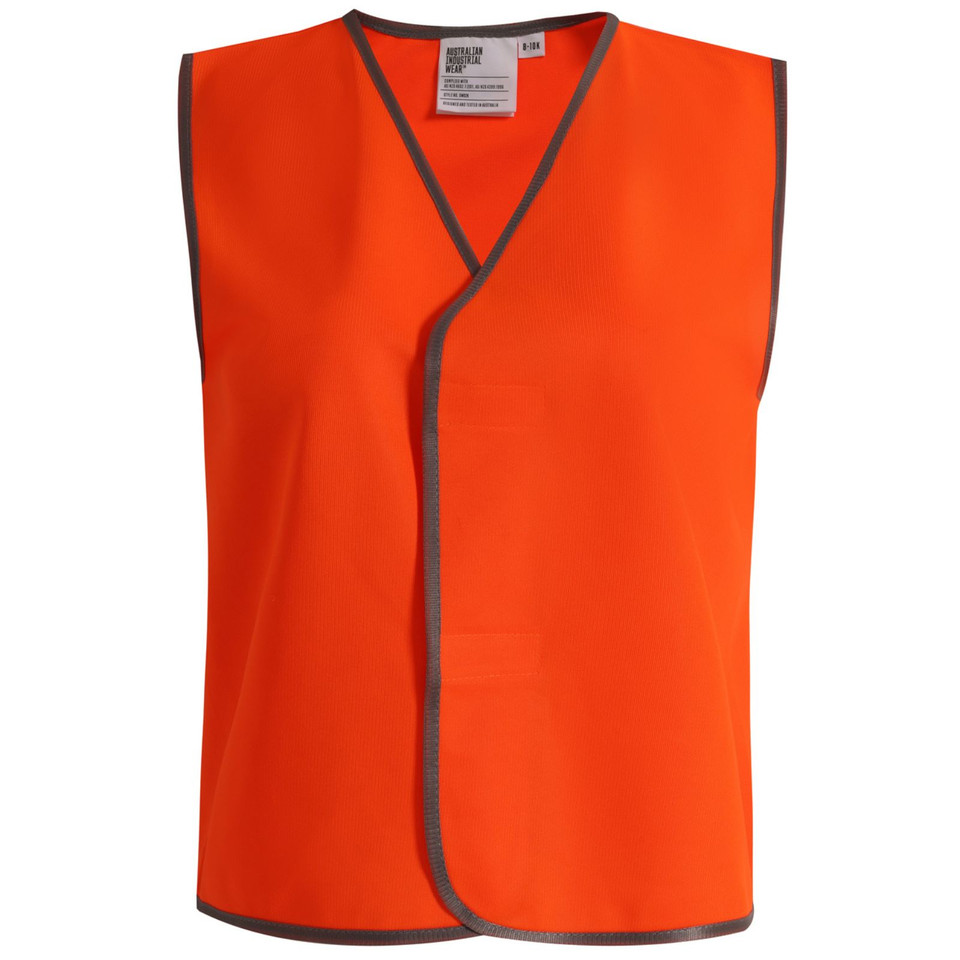 Orange PITSTOP Kids Fluoro Work Safety Vest featuring high-visibility neon fabric and reflective silver tape, designed with a simple front closure for school excursions, cycling safety, and construction roleplay.