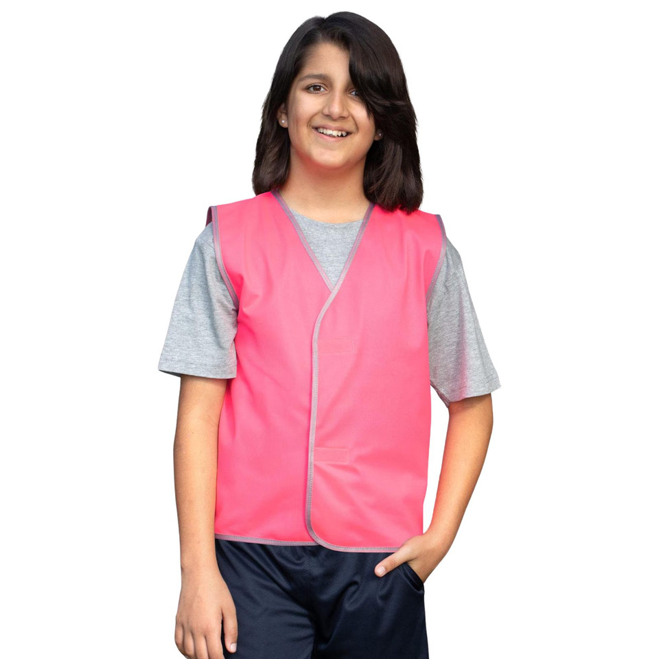 PITSTOP Kids Fluoro Work Safety Vest featuring high-visibility neon fabric and reflective silver tape, designed with a simple front closure for school excursions, cycling safety, and construction roleplay.