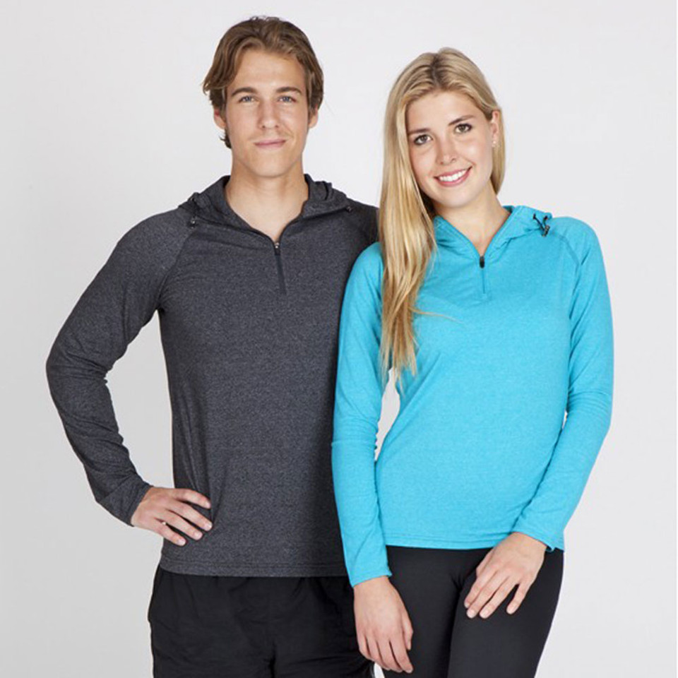 Charcoal grey and azure blue heather hooded half zip tops with contrast stitching detail