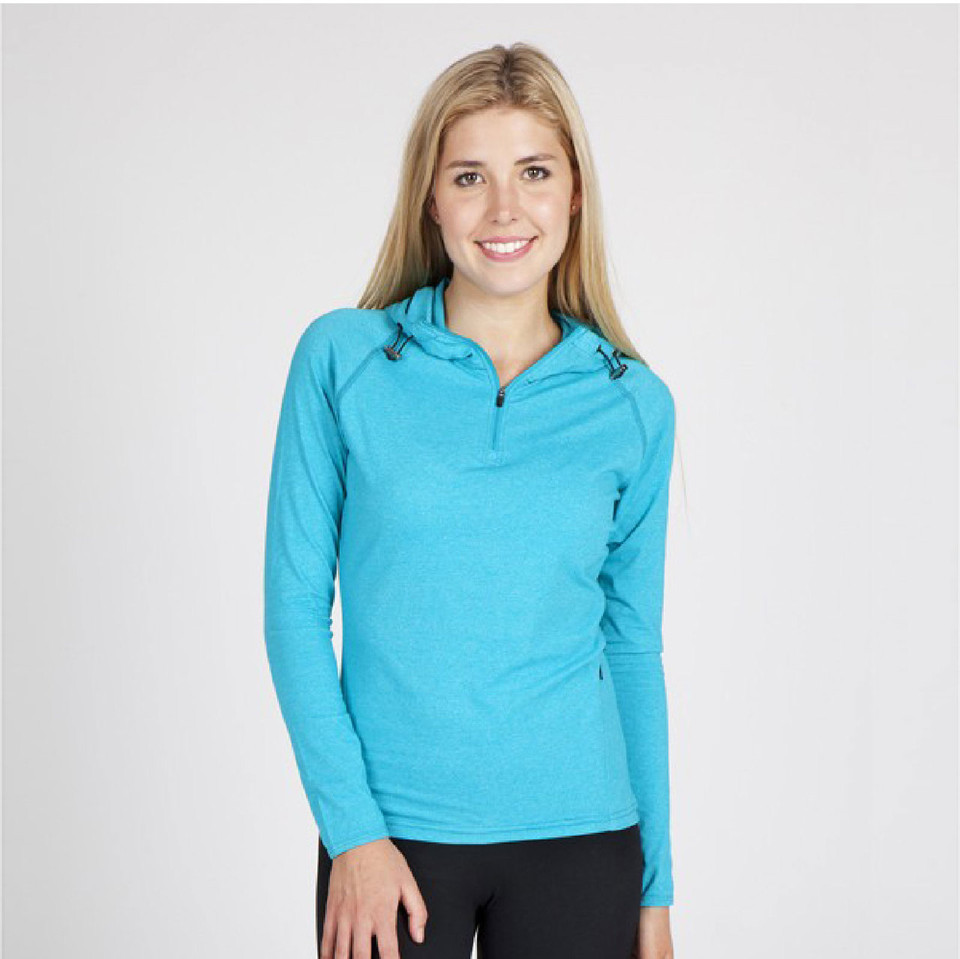 Turquoise heather half-zip hooded long sleeve top with contrasting dark grey shoulder tape detail