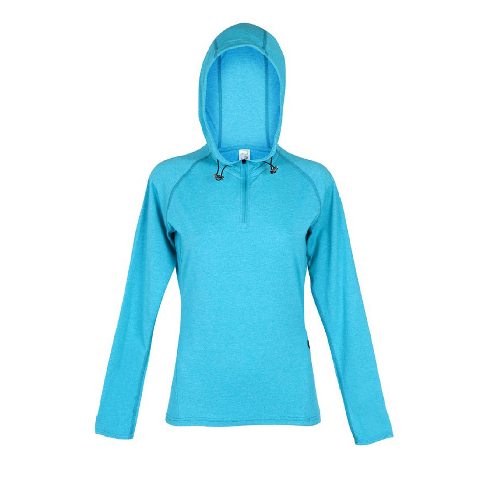 Jade TURBO Ladies Heather Half Zip Hooded T-Shirt, a comfortable short-sleeve activewear top with a half-zip neckline and hood, featuring a moisture-wicking heather fabric.