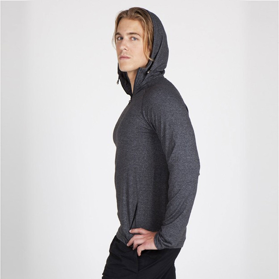 Charcoal heather half-zip hooded long sleeve tee with drawstring hood shown in side profile