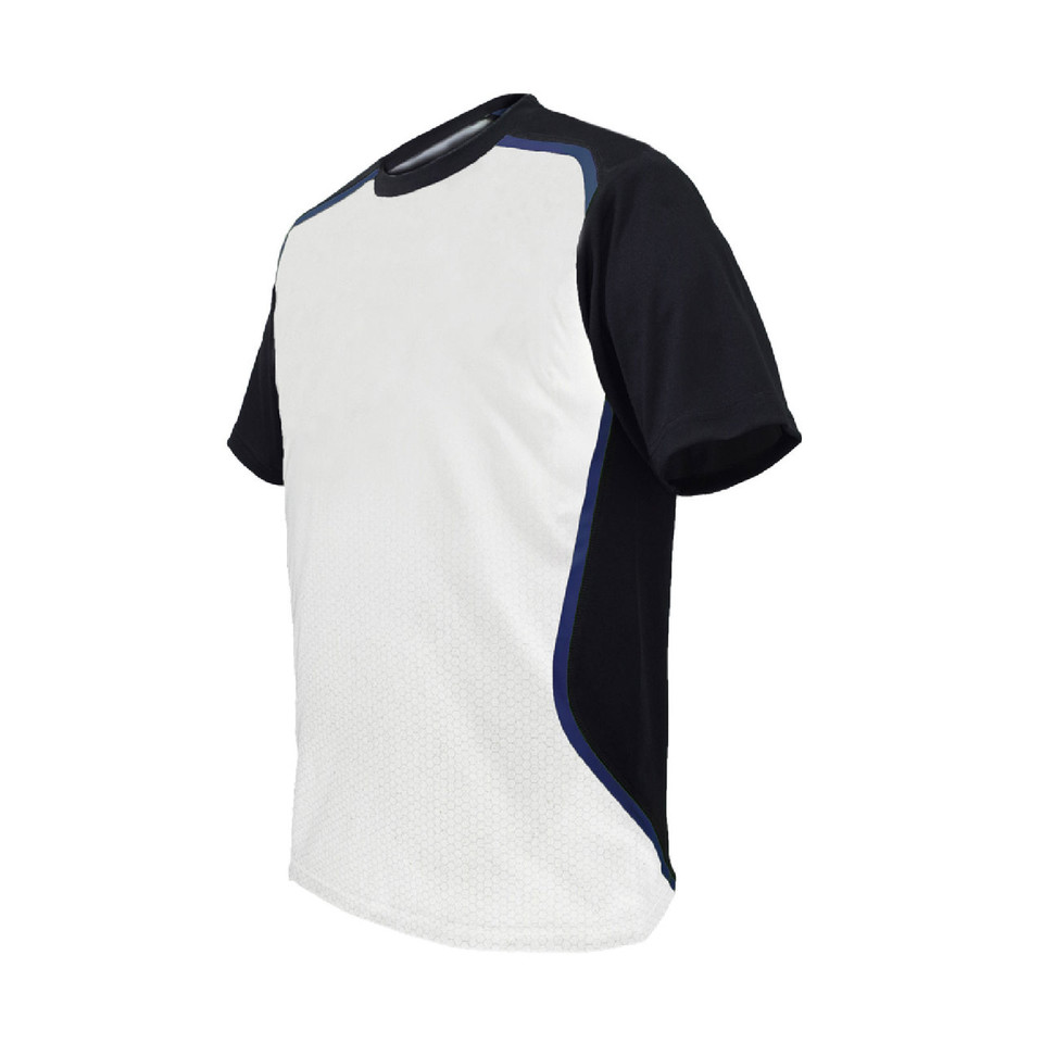 White sports tee with navy contrast raglan sleeves and side panels featuring royal blue trim