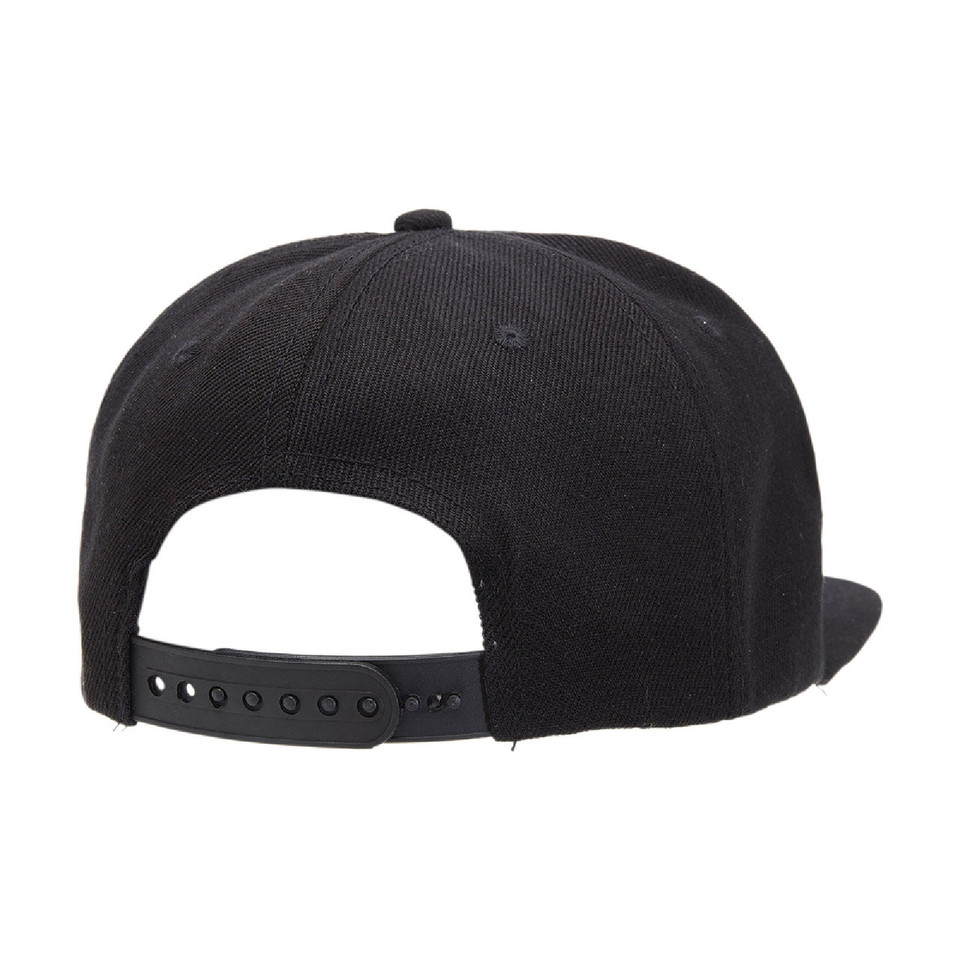 Black youth snapback cap showing rear view with plastic snap closure and flat brim