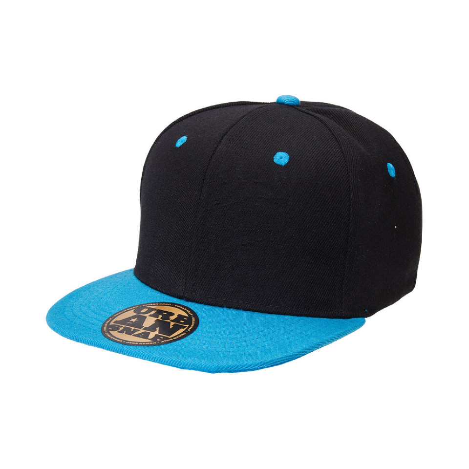 Black snapback cap with bright blue contrast visor and matching eyelets and top button