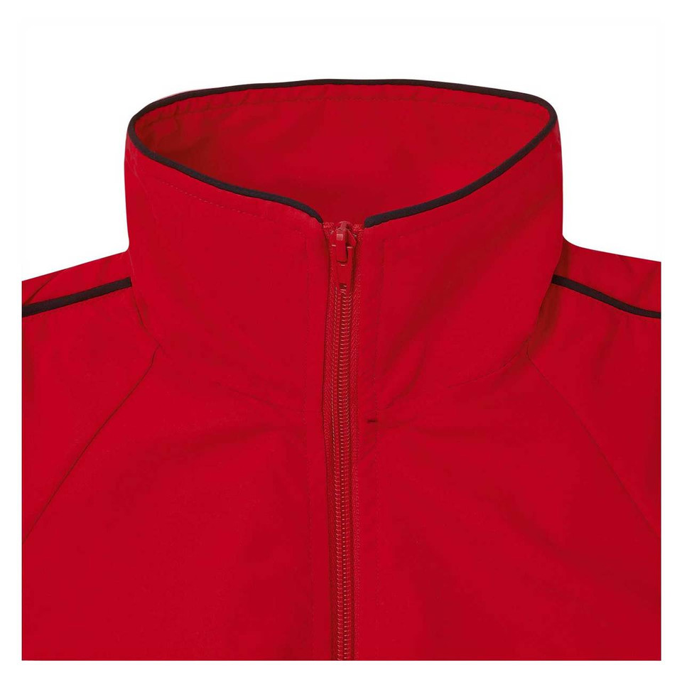 Red microfibre sport jacket with full zip and contrast black hood trim for kids
