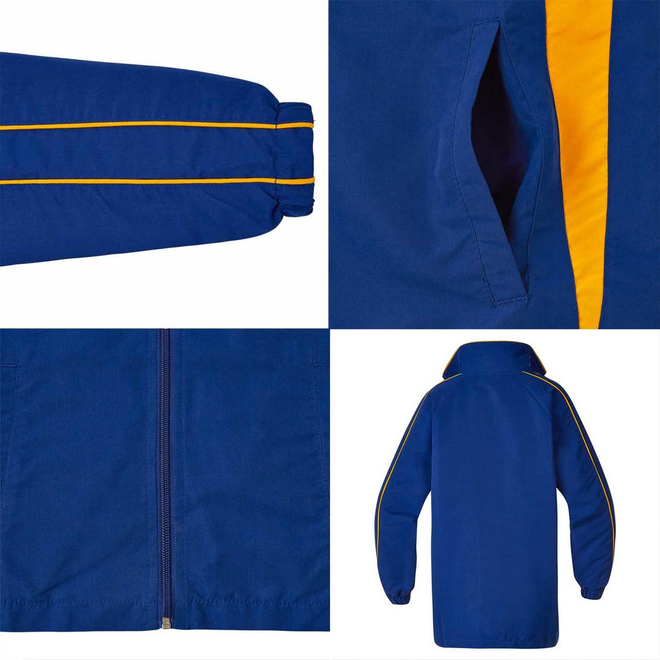 Royal blue kids sport jacket with gold contrast panels and piping detail